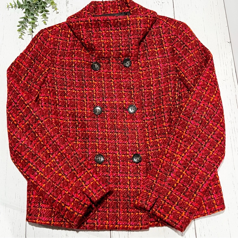 Talbots Petites Red & Pink Tweed Button Down Double Breasted Blazer Size 10P